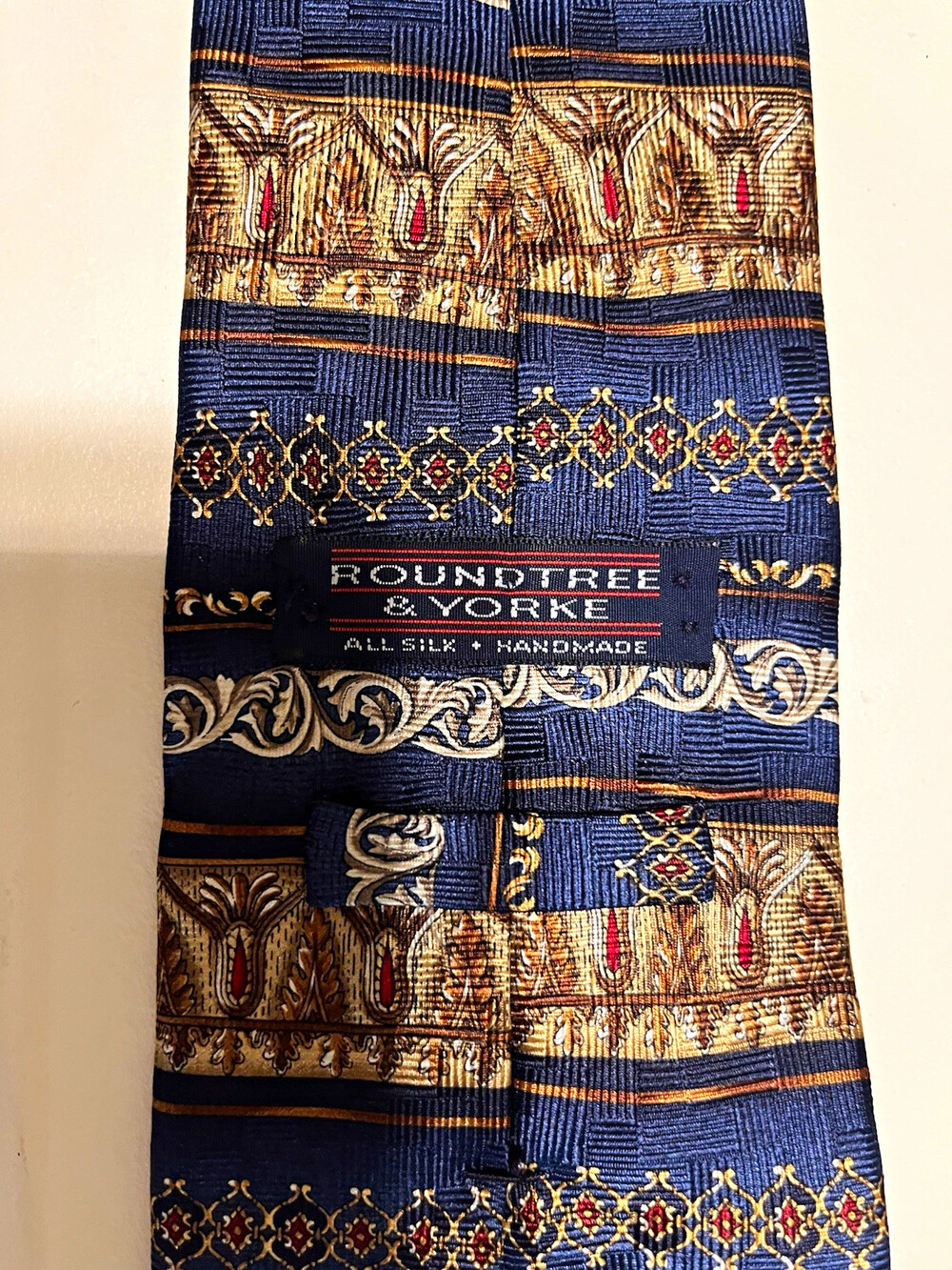 Roundtree & Yorke Handmade Silk Tie lot of two lite and navy blue stripe /geo